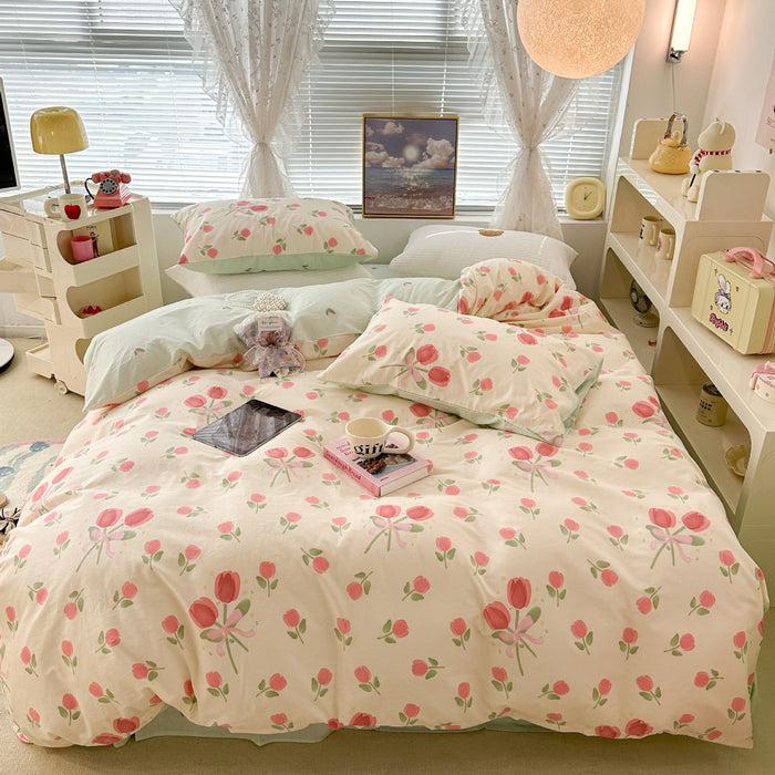 Cute Floral Rabbit Cotton Four-piece Set Pastoral Cotton Quilt Cover Bed Sheet Three-piece Set