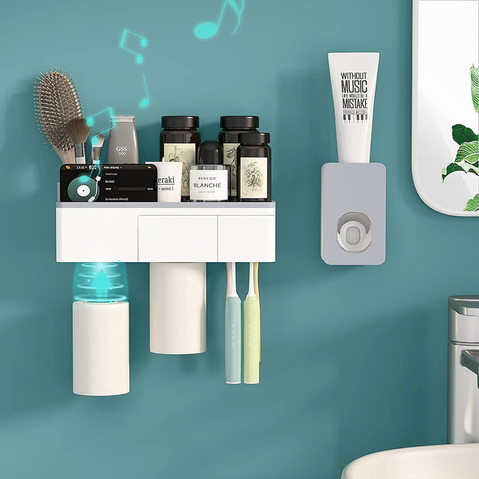 Multifunctional Toothbrush Holder,  Wall Mounted Toothbrush Holder Set with Auto Toothpaste Dispenser, 4 Toothbrush Slots, 2 Cups, Phone Holder & Drawer Organizer for Bathroom & Washroom