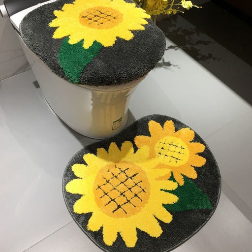 Feblilac Sunflower Cute and Warm Acrylic Fibers U-shape Bathroom Toilet Rugs and Lid Cover Toilet Seat Cover Kit