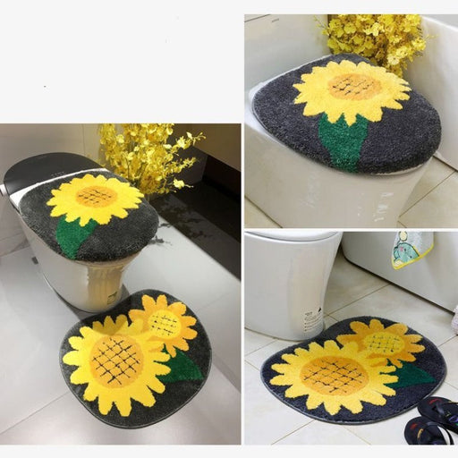 Feblilac Sunflower Cute and Warm Acrylic Fibers U-shape Bathroom Toilet Rugs and Lid Cover Toilet Seat Cover Kit