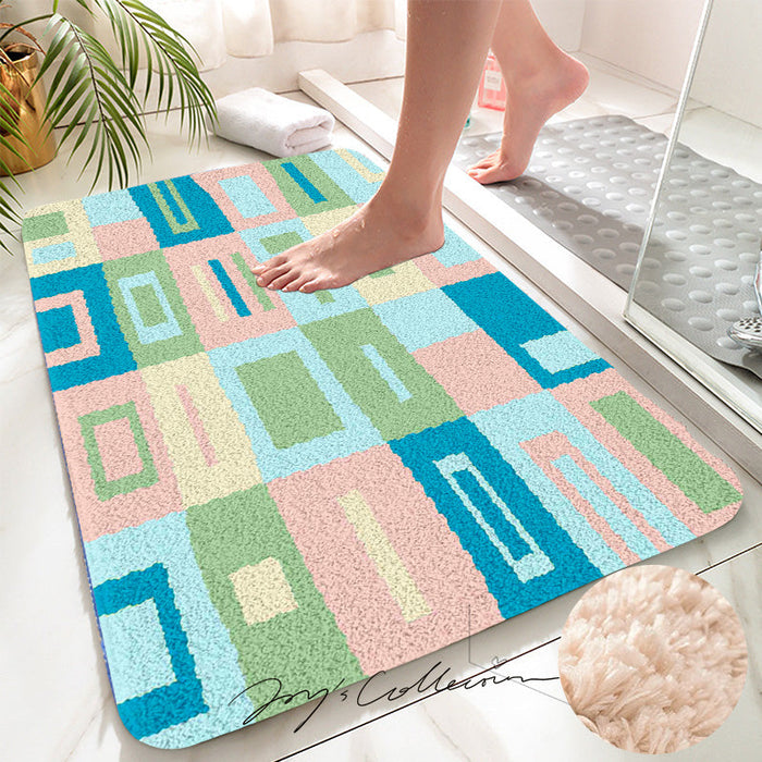 Feblilac Pink and Blue Square Geometric Tufted Bath Mat