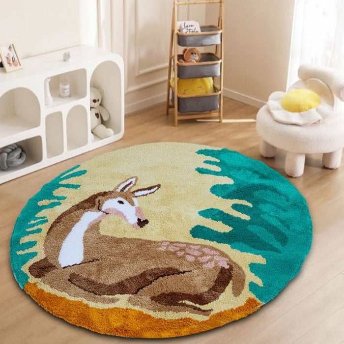 Feblilac Dear Round Area Rug, Cute Animal Mat for Bedroom Bathroom