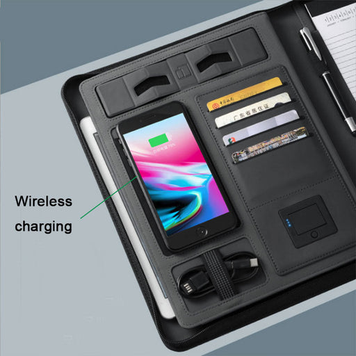 Business Document Bag A4 File Holder For Ipad Holder Zipper Notepad Porfolio With 5000 MAH Wiereless Charging Power Bank Inside