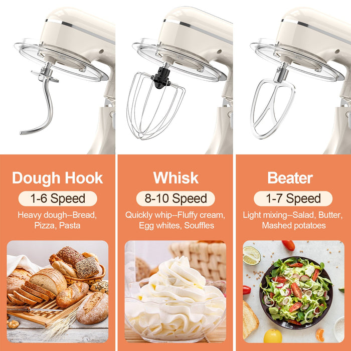 3-IN-1 Electric Stand Mixer, 660W 10-Speed With Pulse Button, Attachments Include 6.5QT Bowl, Dough Hook, Beater, Whisk For Most Home Cooks, Almond Cream