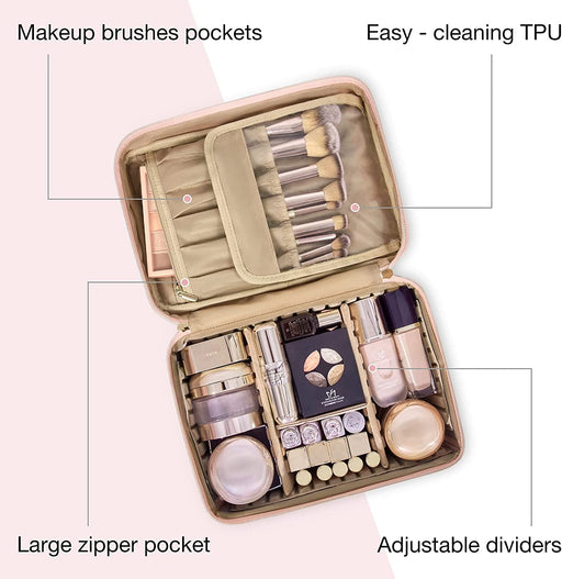 Large Makeup Bag, Travel Makeup Case Makeup Organizer Bag Train Case Cosmetic Bag for Makeup Brushes Palettes Sponge Toiletries,Pink