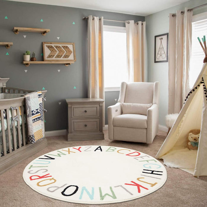 Colorful Round Kids Play Rug, Alphabet Nursery Area Rug, Extra Large Mat