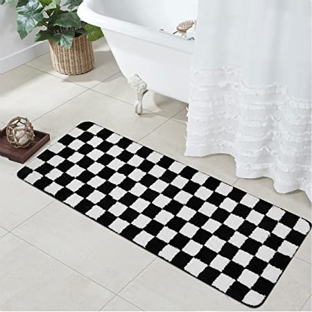 Feblilac Brown Grey Black and White Checkerboard Tufted Bath Mat