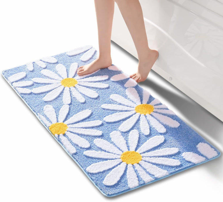 Pink Bathroom Rugs Cute Daisy Bath Mat White and Yellow Flower Decor Rug Non Slip Floor Carpet Microfiber Bathmat Super Absorbent Machine Washable Bahtub Mats for Shower, Tub, Bedroom 16"x 24"