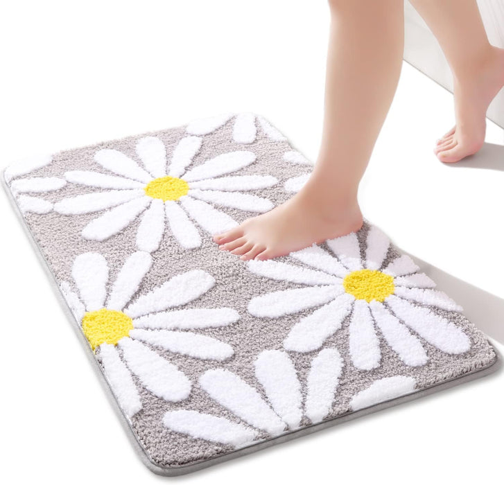 Pink Bathroom Rugs Cute Daisy Bath Mat White and Yellow Flower Decor Rug Non Slip Floor Carpet Microfiber Bathmat Super Absorbent Machine Washable Bahtub Mats for Shower, Tub, Bedroom 16"x 24"