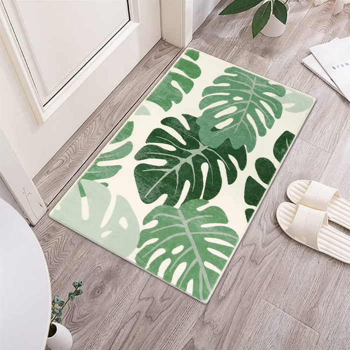 Green Leaves Bathroom Rug, Tropical Monstera Leaves Bath Mat