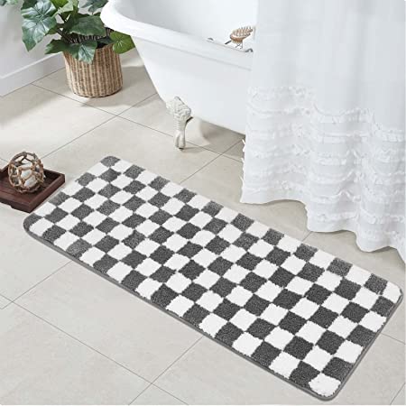 Feblilac Brown Grey Black and White Checkerboard Tufted Bath Mat