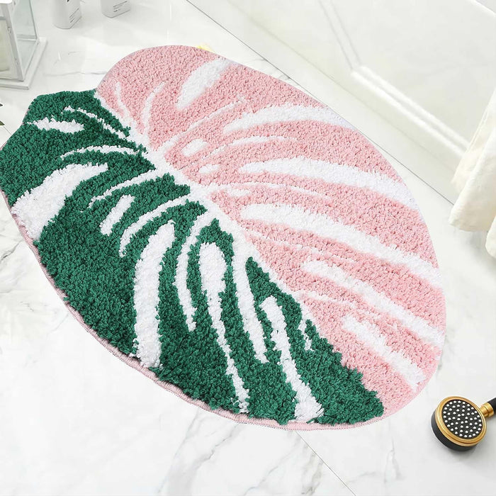 Feblilac Green Leaf Bath Mat, Cute Monstera Bathroom Rug with Non Slip Back Strong Water Aabsorbent, Thick Soft Microfiber Plant Leaf Bath Rugs for Bathroom Floor, Bathtub, Shower, Sink and Decor