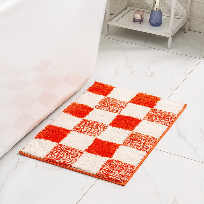 Feblilac Pink Checkerboard Bath Mat, Non-Slip Soft and Water-Absorbent