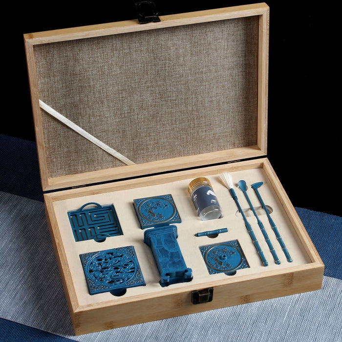 Blue Pure Copper Square Auspicious Cloud Incense Burner Set