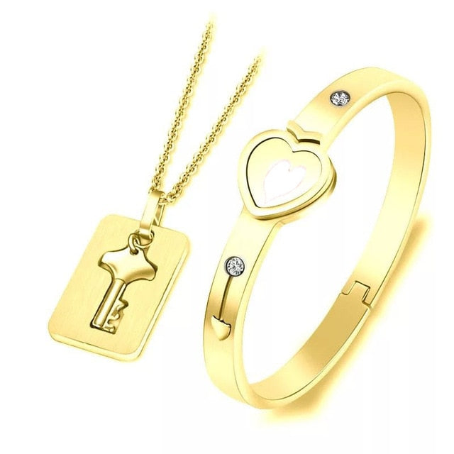 Stainless Steel Love Heart Lock Bangle Bracelet - Okeihouse