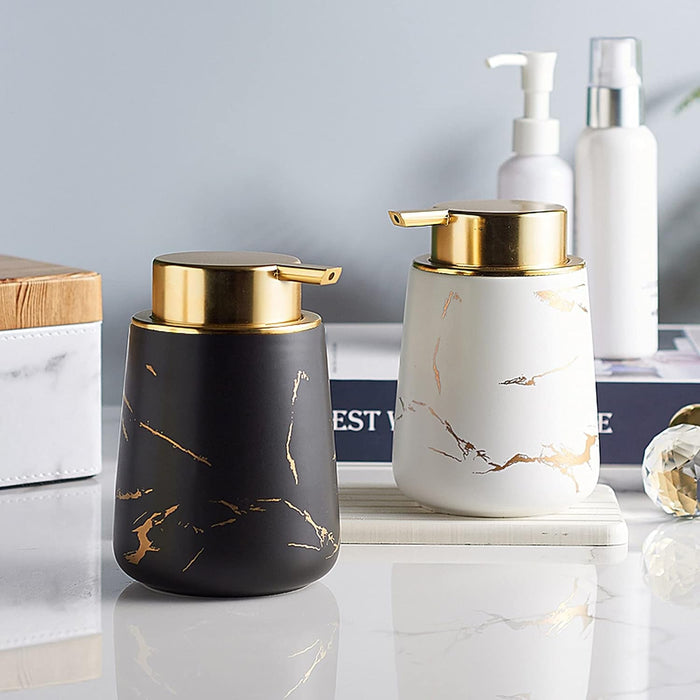Gold Dish Soap Dispenser for Kitchen Ceramics Hand Soap Dispenser with Marble Veins Lotion Soap Dispenser for Bathroom, 13.5 Oz. (White,1)