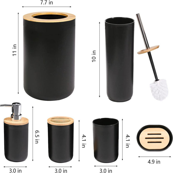 Bamboo Bathroom Accessory Set, 8 Pieces Bath Set- Soap Dish Toothbrush Holder Rinse Cup Lotion Bottle Trash Can Toilet Brush - Practical Toilet Kit for Home Washing Room, Bright Black