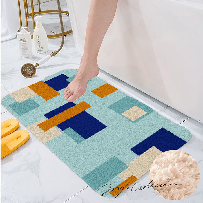 Feblilac Blue and Brown Squares Geometric Tufted Bath Mat