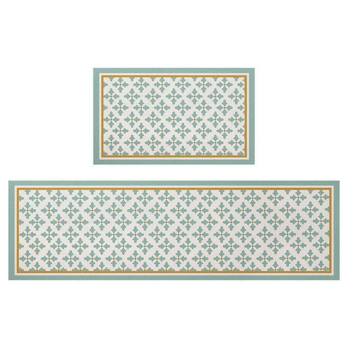 Feblilac Green Flower Leaves Geometric Pattern PVC Leather Kitchen Mat Mom‘s Day Gift