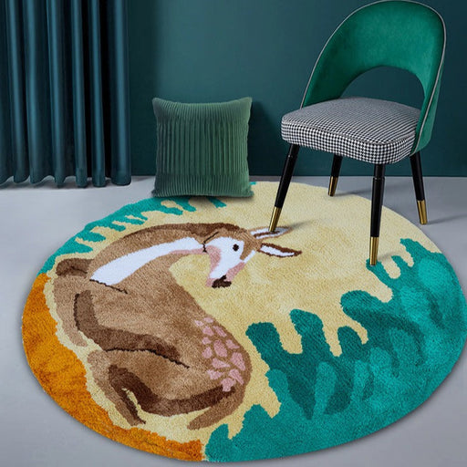 Feblilac Dear Round Area Rug, Cute Animal Mat for Bedroom Bathroom