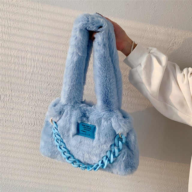 Fluffy Faux Fur Soft Shoulder Bags - Okeihouse