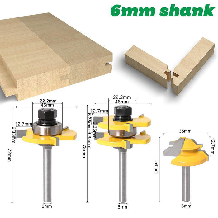 3Pcs 6mm 1/4 Shank Tongue & Grooving Joint Router Bit 45 Degree Lock Miter Router Set Stock Wood Cutting