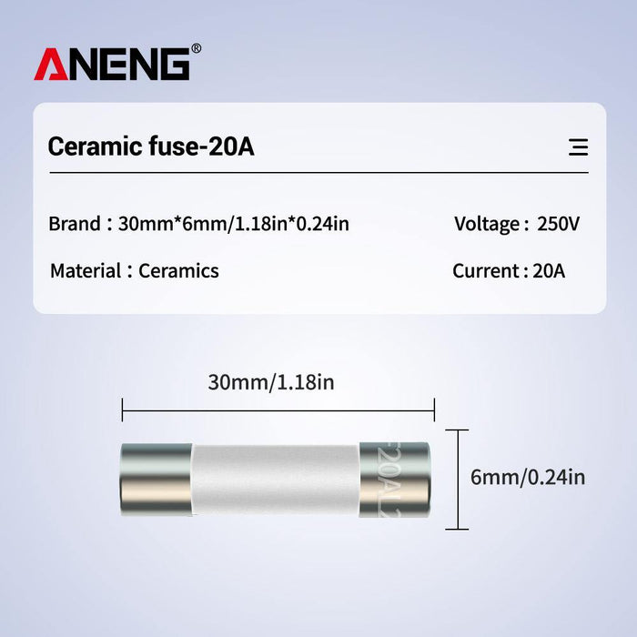 20 Pcs ANENG 6X30mm Ceramic Fuse 200mA+20A for Multimeter