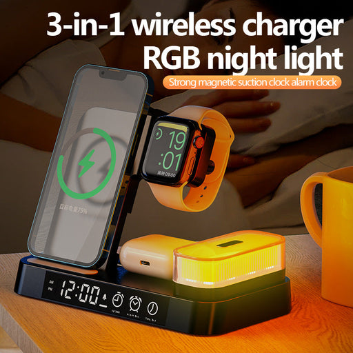 4 In 1 Multifunction Wireless Charger Station With Alarm Clock Display Foldable Wireless Charger Stand With RGB Night Light