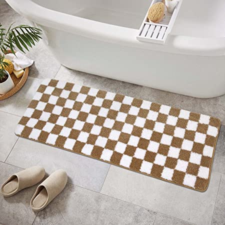 Feblilac Brown Grey Black and White Checkerboard Tufted Bath Mat