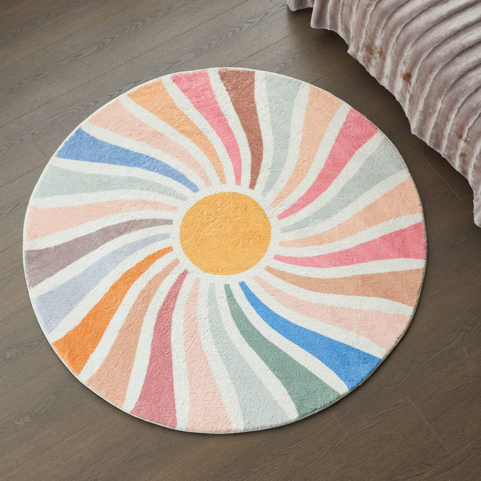 Feblilac Round Colorful Sunshine Area Rug, Boho Rainbow Area Rug, Living Room Mat