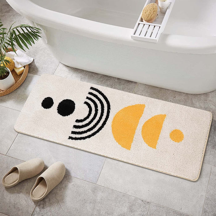 Yellow Black Boho Bathroom Rug, Abstract Modern Geometric Bath Mat