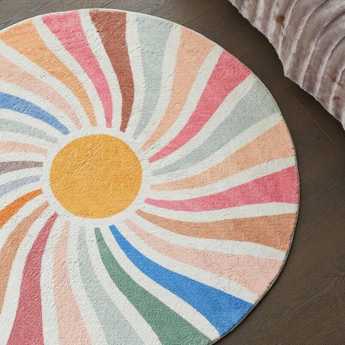 Feblilac Round Colorful Sunshine Area Rug, Boho Rainbow Area Rug, Living Room Mat