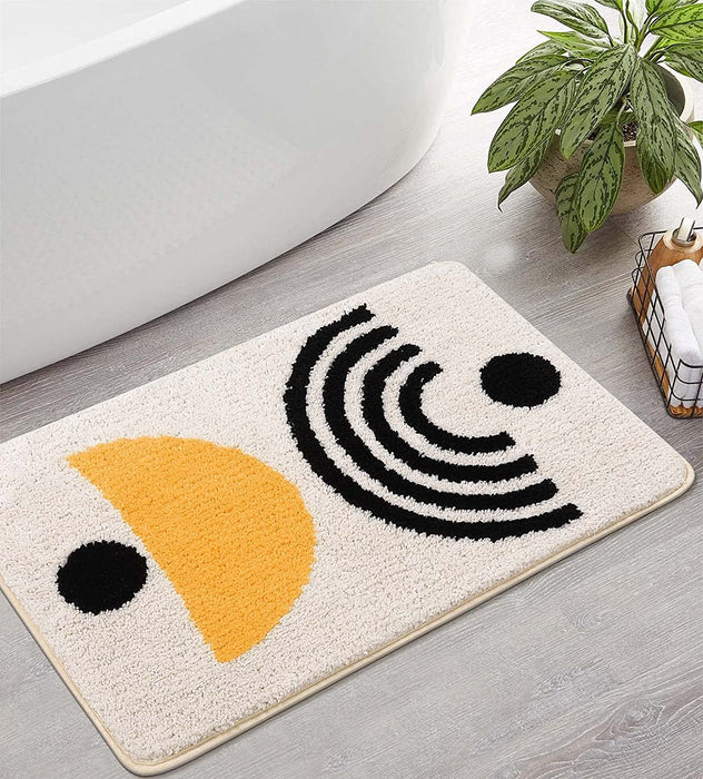 Yellow Black Boho Bathroom Rug, Abstract Modern Geometric Bath Mat