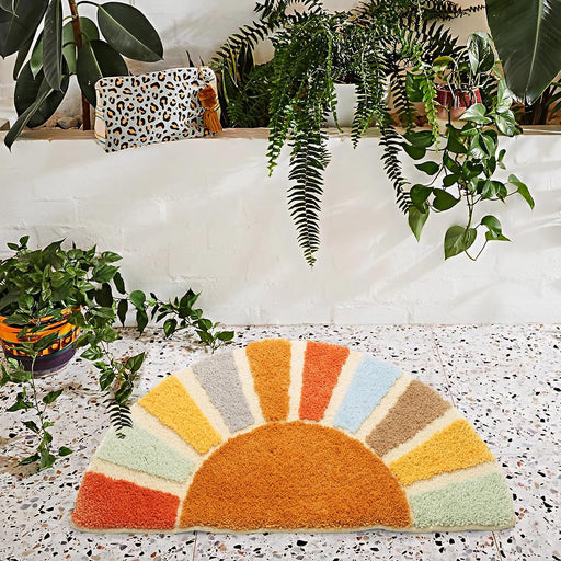 Sunrise Boho Bathroom Rugs, Half Circle Bath Mat Cute, Retro Bohemian Home Bathroom Decor, Small Colorful Fun Semi Round Shower Rug Non-Slip, 31"x16"