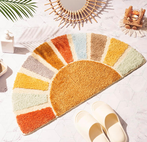 Sunrise Boho Bathroom Rugs, Half Circle Bath Mat Cute, Retro Bohemian Home Bathroom Decor, Small Colorful Fun Semi Round Shower Rug Non-Slip, 31"x16"