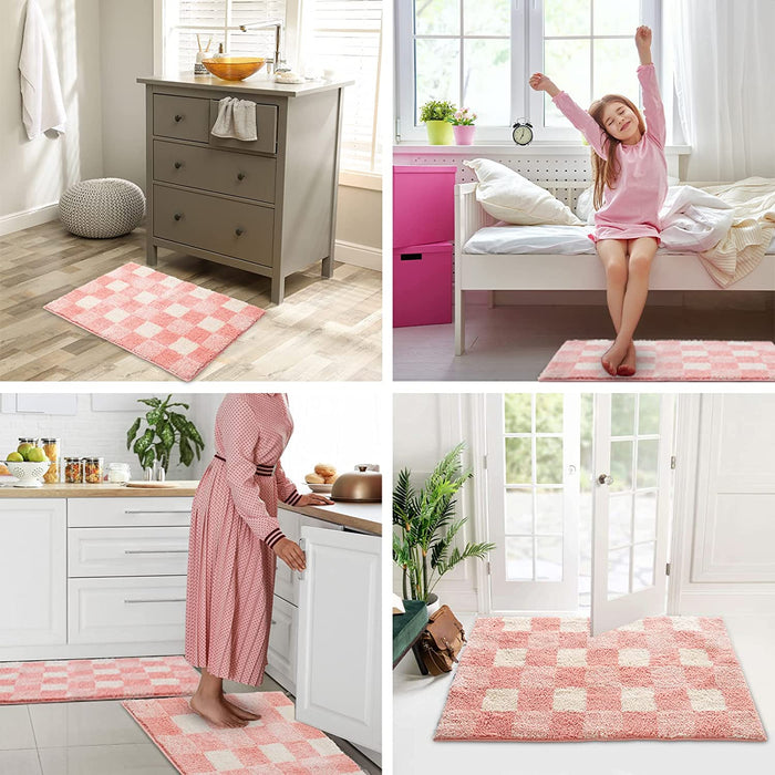 Feblilac Pink Checkerboard Bath Mat, Non-Slip Soft and Water-Absorbent