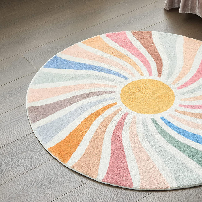 Feblilac Round Colorful Sunshine Area Rug, Boho Rainbow Area Rug, Living Room Mat