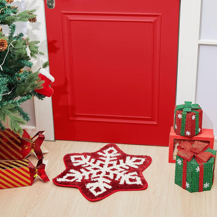 Red Christmas Snowflake Rug, Cute Bath Mat, Holiday Bathroom Rug