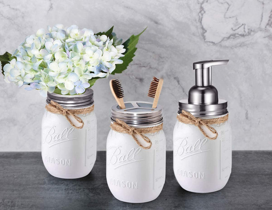 Mason Jar Bathroom Set（3 Piece）-Foaming Soap Dispenser, Toothbrush Holder,Flower Vase,For Wedding House Decor Countertop and Vanity Organizer Bathroom Kitchen Farmhouse Décor (Brushed Nickel