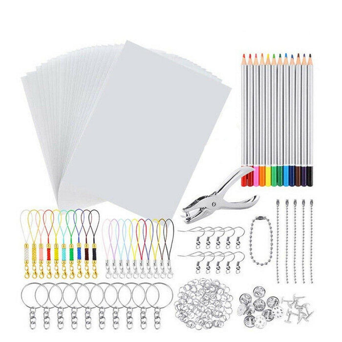 198Pcs/145Pcs/33Pcs DIY Heat Shrink Plastic Sheet Kit Shrinky Art Paper Hole Punch Keychains Pencils