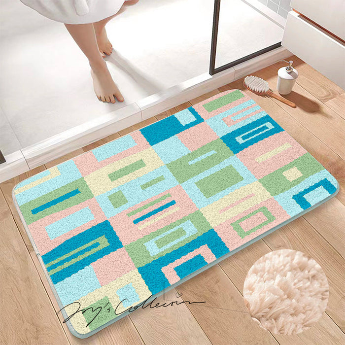 Feblilac Pink and Blue Square Geometric Tufted Bath Mat