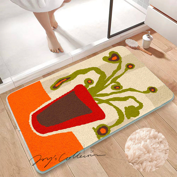 Feblilac Red Vase and Green Plant Tufted Bath Mat