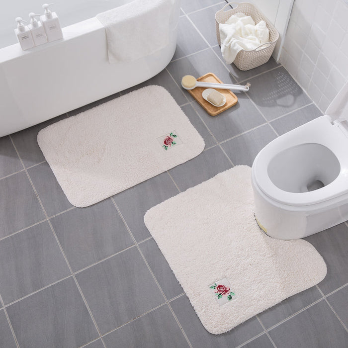 Feblilac Flower Embroidered solid Tufted Bathroom Mat Toilet U-Shaped Floor Mat