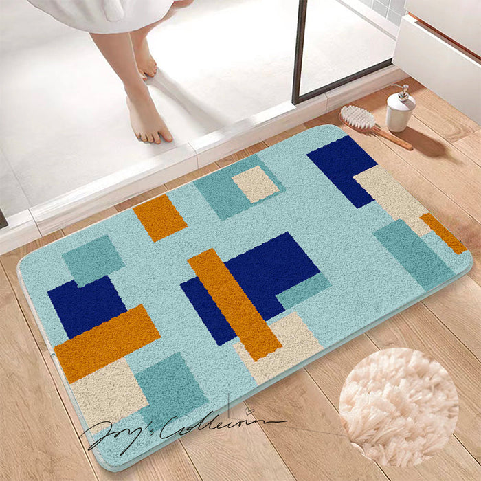 Feblilac Blue and Brown Squares Geometric Tufted Bath Mat