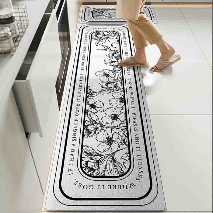 Feblilac Black and White Flower PVC Leather Kitchen Mat