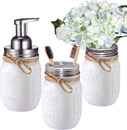 Mason Jar Bathroom Set（3 Piece）-Foaming Soap Dispenser, Toothbrush Holder,Flower Vase,For Wedding House Decor Countertop and Vanity Organizer Bathroom Kitchen Farmhouse Décor (Brushed Nickel