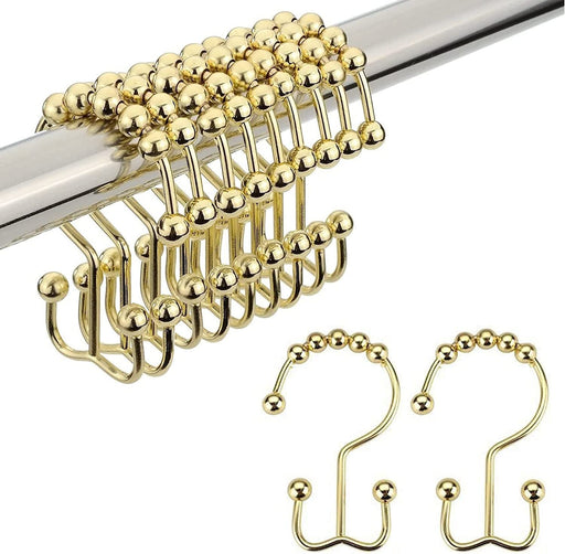 Gold Shower Curtain Hooks Rings, Stainless Steel Shower Curtain Rings, 12Pcs Double Glide Shower Hooks for Bathroom Shower Curtain Rods Dual Rust-Resistant Shower Rings