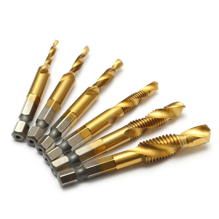 Drillpro 6pcs M3-M10 Hexagon Shank Drill Tap Bit Titanium Plated HSS 6542 Deburr Countersink Bits Screw Thread Metric Tap