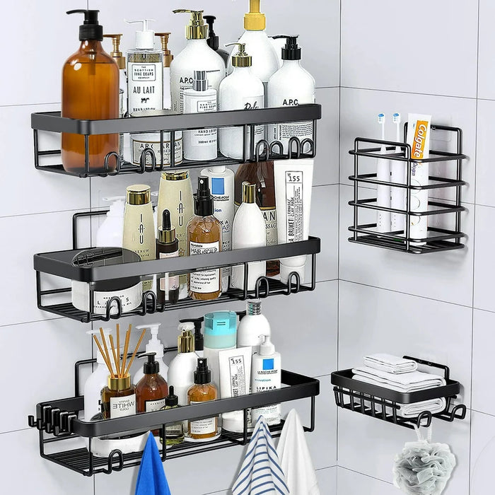 Shower Caddy 5 Pack, Adhesive Shower Organizer for Bathroom Storage, Rustproof Stainless Steel Bathroom Organizer, Shower Shelves for inside Shower, No Drilling, Large Capacity, Black