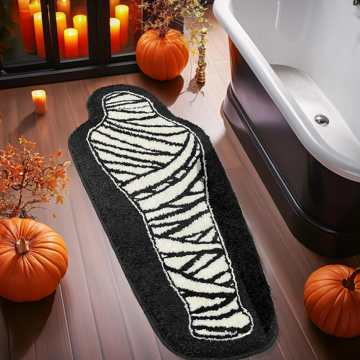 Feblilac Halloween Bathroom Rug, Black and White Mummy Bathroom Mat, 18x47 inch